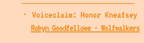 Voiceclaim: Honor Kneafsey | Robyn Goodfellowe - Wolfwalkers | YouTube clip of voice linked in image